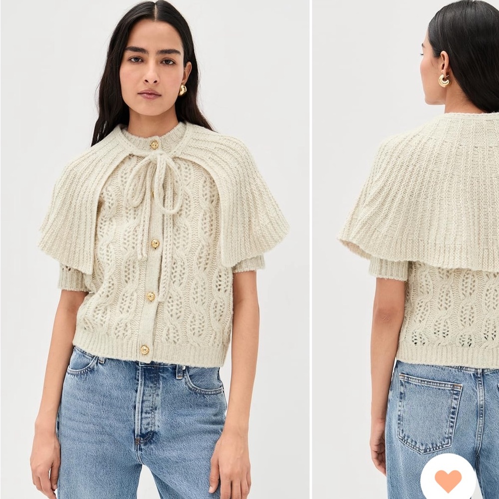 Frame Denim Cream Cable-Knit Short-Sleeve Cardigan with Capelet